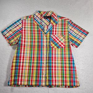 Erika Shirt Womens Small Red Yellow Plaid Short Sleeve Cotton Button Up Casual